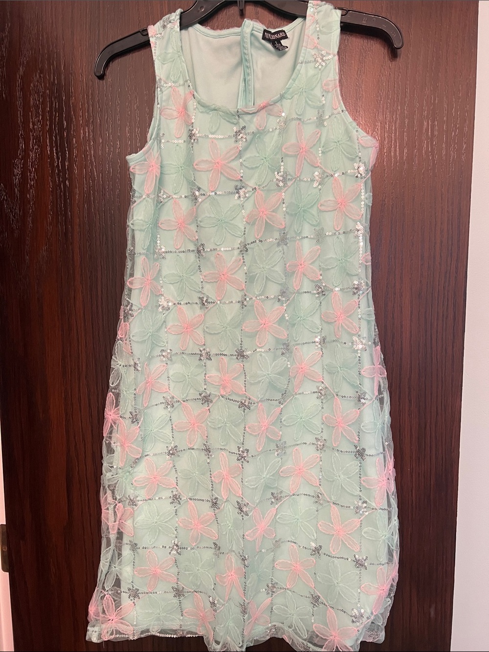 Boston Proper Mint Dress with Pink Floral Appliqué